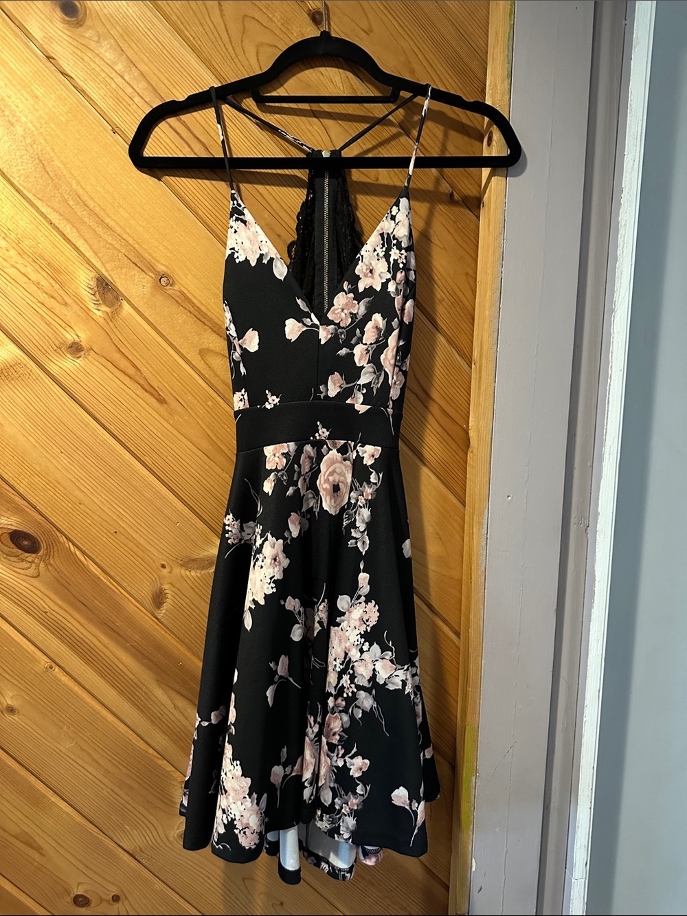 Windsor Black Floral Backless Fit-and-Flare Dress with Pink Flowers